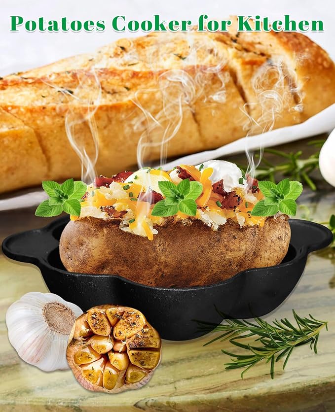 Pinra Pre-Seasoned Cast Iron Dutch Oven Pot, Potato Garlic Roaster Baker, Roasted Garlic Potatoes Cooker for Kitchen Oven or Outdoor BBQ Grill, Cast-Iron Ramekin Pot with Lid