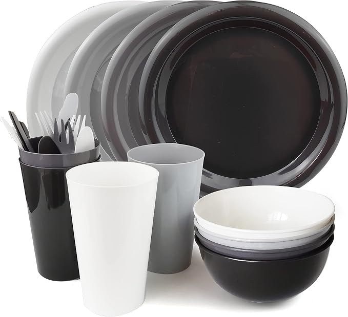 24Piece Plastic Plates and Bowls Sets Dinnerware Set Dishes Set for 4,College Dorm Room Essentials,Camping Plates and Bowls with Tumbler,Knives,Forks and Spoons,Mess Kit,Microwave Safe,BPA Free