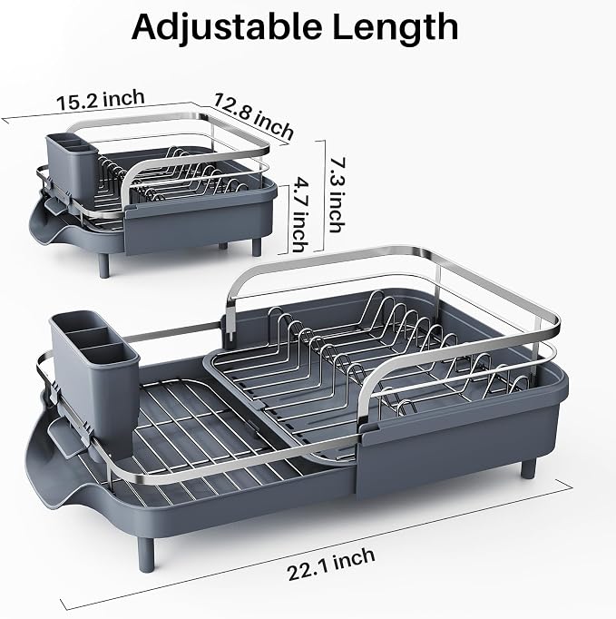 SNTD Expandable Dish Drying Rack for Kitchen Counter, 15.2-22.1 in, Gray | Rust-Resistant Stainless Steel, Protective Side Rails, Self-Draining Drainboard, Removable Utensil Holder