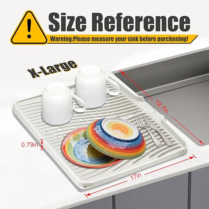 TIKNIK Silicone Dish Drying Mat for Kitchen Counter, Cream-1pcs, 20" x 15" | Heat Resistant & Non-Slip Dish Drain Pad with Built-In Drain, Dishwasher Safe, Quick-Dry, Hangable & Roll-Up for Storage