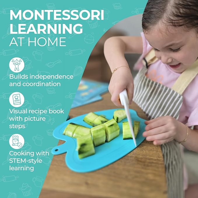 Toddler First Knife and Cutting Board | Safe Skills | Ages 3-8 | Montessori Toddler Cutting Set | Chopper Safety Gloves Peeler | Visual Recipe Book Step by Step Photos | First Chef Gift