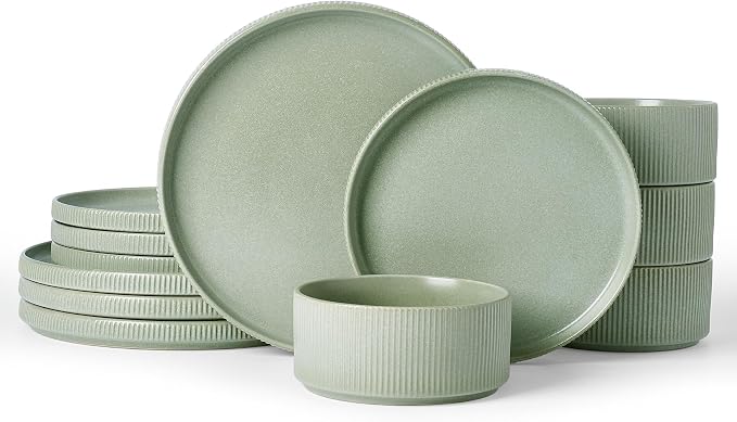 Famiware Star Stoneware Dinnerware Set, Reactive Glaze Plates & Bowls for 4 | 12 pcs Handmade Ribbed Dishes, Chip & Scratch Resistant Ceramic. Microwave & Dishwasher Safe, Rustic Modern, Matte Sage Green