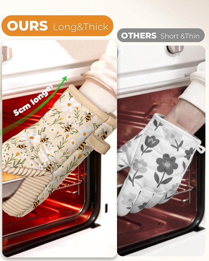 100% Thick Cotton Oven Mitts Ribbed Soft Silicone Bee Flower | Aesthetic Oven Mitts for Women, Machine Washable Non-Slip Kitchen Mitts, Reversible for Both Hands, Stylish Kitchen Decor