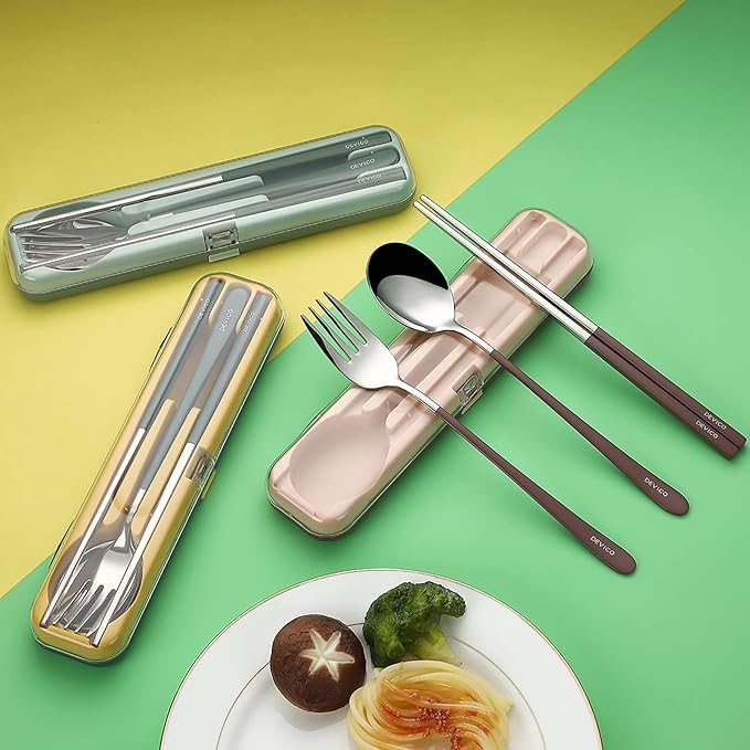 DEVICO Travel Utensils with Case, 18/8 Stainless Steel Silverware for Lunch | 4Pcs Portable Reusable Travel Cutlery Set, Korean Chopsticks Fork and Spoon Set for Camping/Picnic/Work/Gadgets/School, Brown