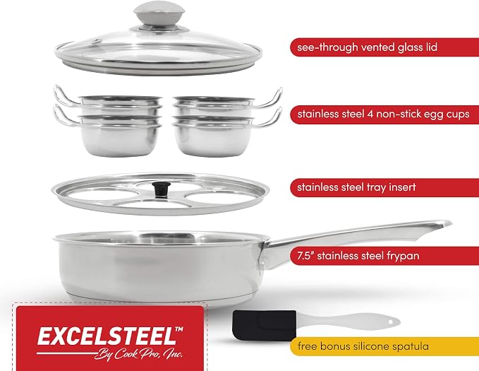 EXCELSTEEL Non Stick Easy Use Rust Resistant Home Kitchen Breakfast Brunch Induction Cooktop Egg Poacher, 4 Cups, 18/10 Stainless Steel