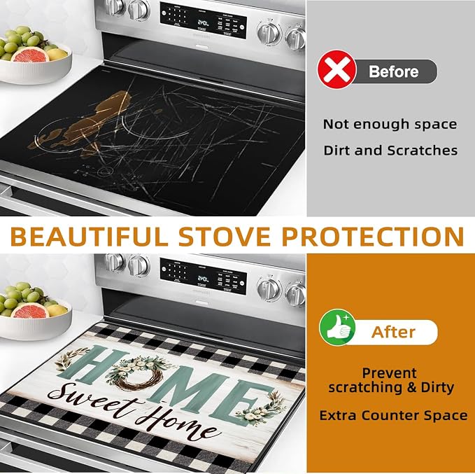 Home Sweet Home Glass Stove Top Cover Protector – Vintage Glass Cooktop Protector,Buffalo Check Cooktop Mat for Ceramic Countertop Mats Electric Stove Cover Festive Decor