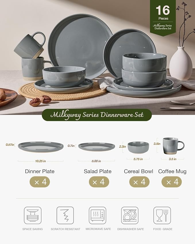 Famiware Milkyway 16-Piece Dinnerware Set with Mugs, Dark Gray | Stoneware Plates and Bowls for 4, Dishes Set for Everyday/Formal Use, Microwave/Dishwasher Safe, Chip/Scratch Resistant