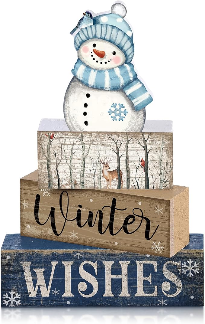 Lineshading 4 Pcs Snowman Table Decor Christmas Snowman Wooden Block Sign | Winter Tiered Tray Decor, Rustic Winter Table Centerpiece, Blue and White, Farmhouse Home Decoration for Kitchen Shelf