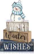 Lineshading 4 Pcs Snowman Table Decor Christmas Snowman Wooden Block Sign | Winter Tiered Tray Decor, Rustic Winter Table Centerpiece, Blue and White, Farmhouse Home Decoration for Kitchen Shelf