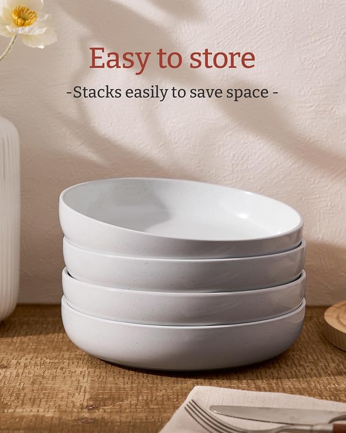 famiware Milkyway 33 oz Pasta Bowls Set of 6, Light Gray | Scratch-Resistant Stoneware Salad Bowls, Stackable, Dishwasher & Microwave Safe, Lead-Fre