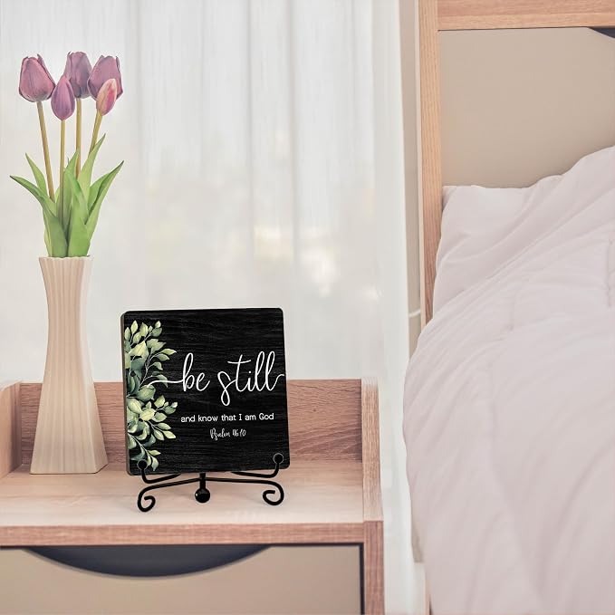 Inspirational Christian Desk Decor, Be Still And Know That I Am God Sign, Desk Decorations For Office Home Living Room Bathroom, Eucalyptus Shelf Decor, Wooden Plaque With Stand (01)