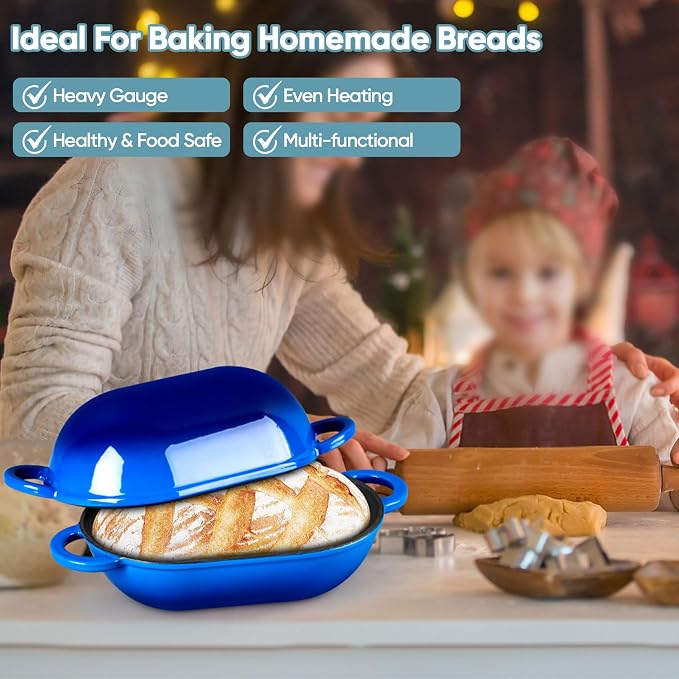 TeamFar Enameled Cast Iron Bread Loaf Pan, 2 QT Oval Dutch Oven with Lid | for Sourdough Bread Baking, Enameled Meatloaf Loaf Baking Pan with Lid, Even Heat Distribution & Self-Basting, Blue