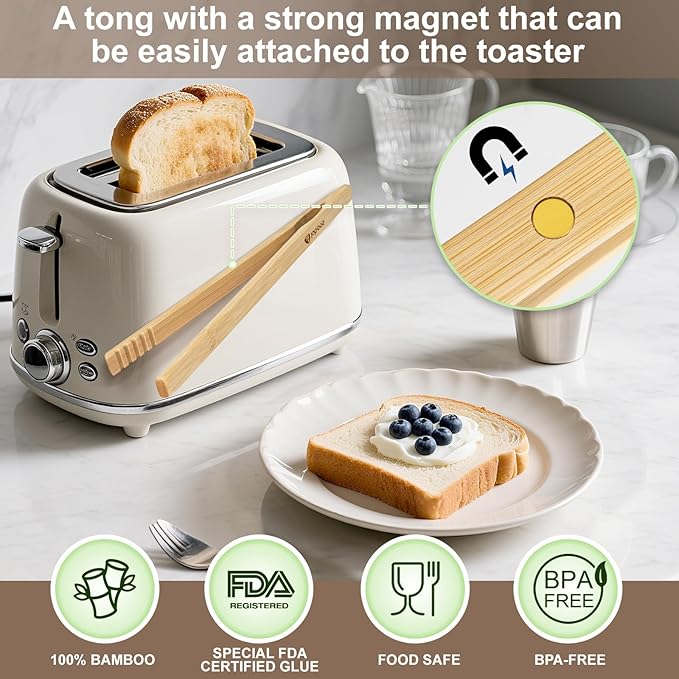 Magnetic Bamboo Toaster Tongs (Set of 2), 10.2-Inch Extra-Long Kitchen Tongs with Rebound-Construct & Anti-Slip Grip, Ideal for Cooking, BBQ, Serving - by LABOOS