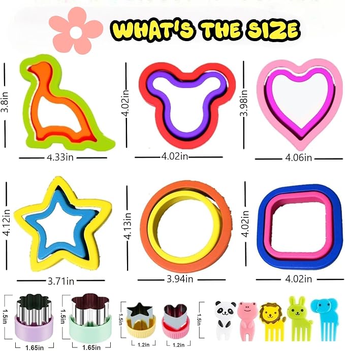 Uncrustable Sandwich Cutter, Crustless Sandwich Cutter and Sealer Set | 24PCS Sandwich Cookie Cutters & Forks, Heart Star Dino Mouse Square Circle Shapes, Lunch & Bento Box Accessories
