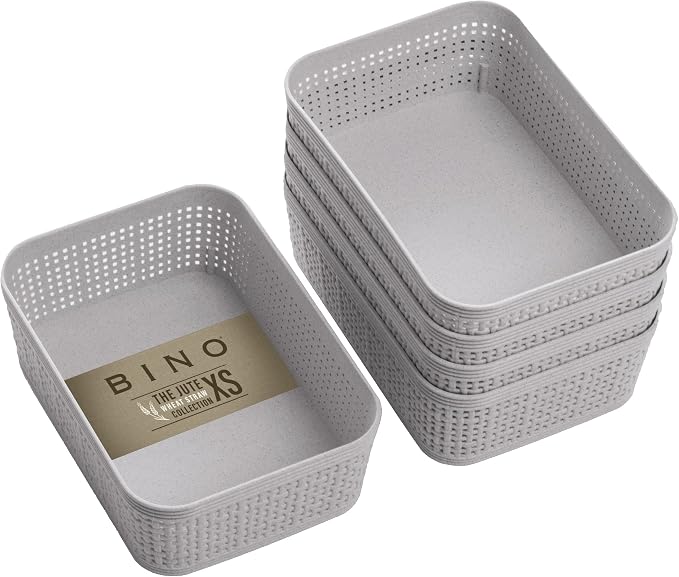 BINO | Woven Plastic Basket | XS (Natural Grey), 5-Pack | THE JUTE COLLECTION | Home Organization, Space - Saving Storage, Stylish Design | Jute Basket | Plastic Storage Basket