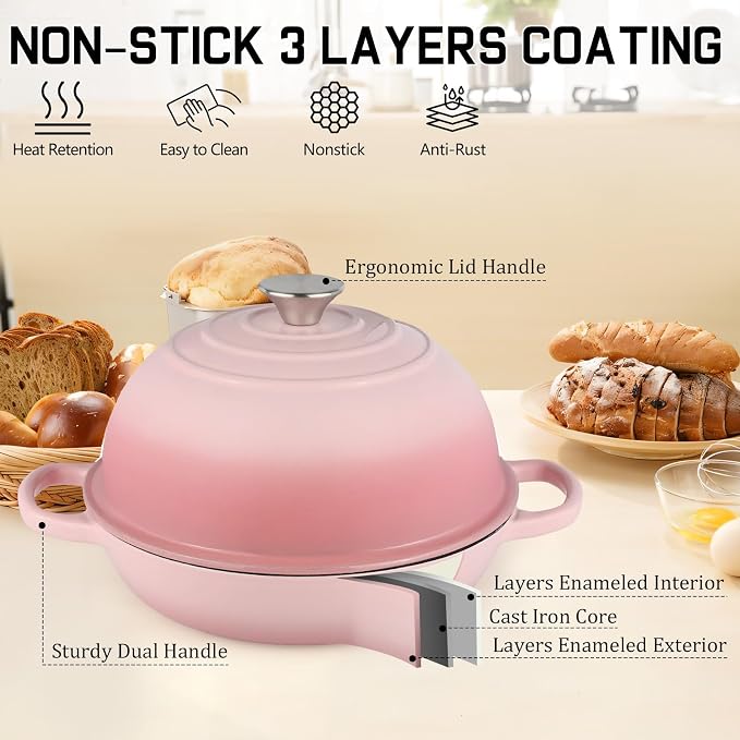 Enameled Bread Oven 10" Dutch Oven Pot with Lid Bread Dutch Oven Pink | for Sourdough Bread Baking, 6 Quarts Bread Pan with Dome Lid, Non-stick Cookware for Homemade Bread