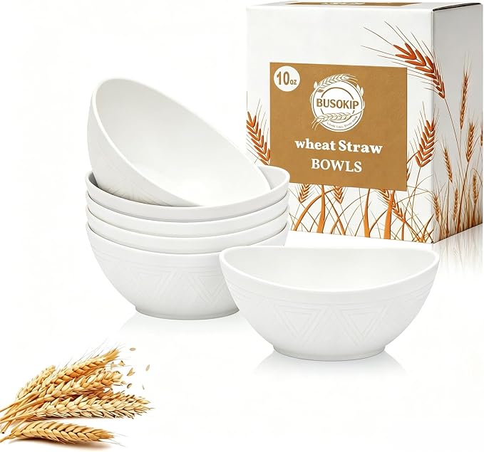 Wheat Straw Bowls Set of 6, Unbreakable Small Plastic Bowls 10oz, Small Serving Bowls for Ice Cream, Yogurt, Snack, Dessert, Microwave & Dishwasher Safe Mini Bowls for Kitchen, Party - White