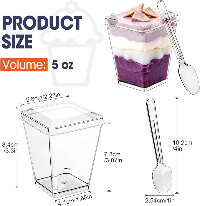 150 Set 5 oz Plastic Dessert Cups with Lids and Spoons, Yogurt Parfait Appetizer Cup with Lids for Party, Disposable Square Mini Dessert Shooters for Pudding, Fruit and Ice Cream
