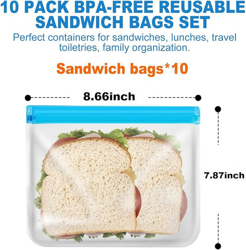10 Pack Reusable Sandwich Bags, BPA-Free PEVA Food Storage Bags | 10 BPA-free PEVA food storage bags with double-zip seals; freezer and dishwasher safe for sandwiches, snacks, and meal prep