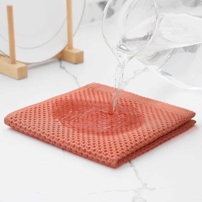 Kitinjoy 100% Cotton Waffle 6-Pack Kitchen Towels, 12" x 12", Coral | Ultra Absorbent, Super Soft, lightweight, Quick Drying Dish Rags for Washing Dishes