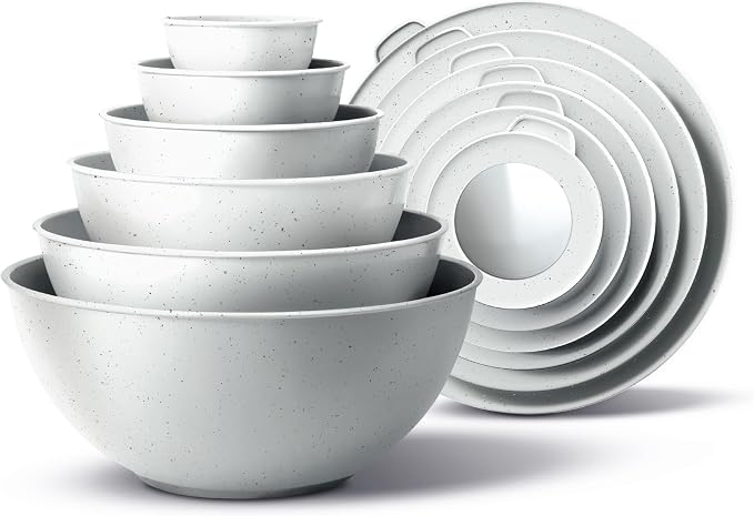 COOK WITH COLOR Mixing Bowls with TPR Lids - 12 Piece Plastic Nesting Bowls Set includes 6 Prep Bowls and 6 Lids, Microwave Safe Mixing Bowl Set (Speckled White)