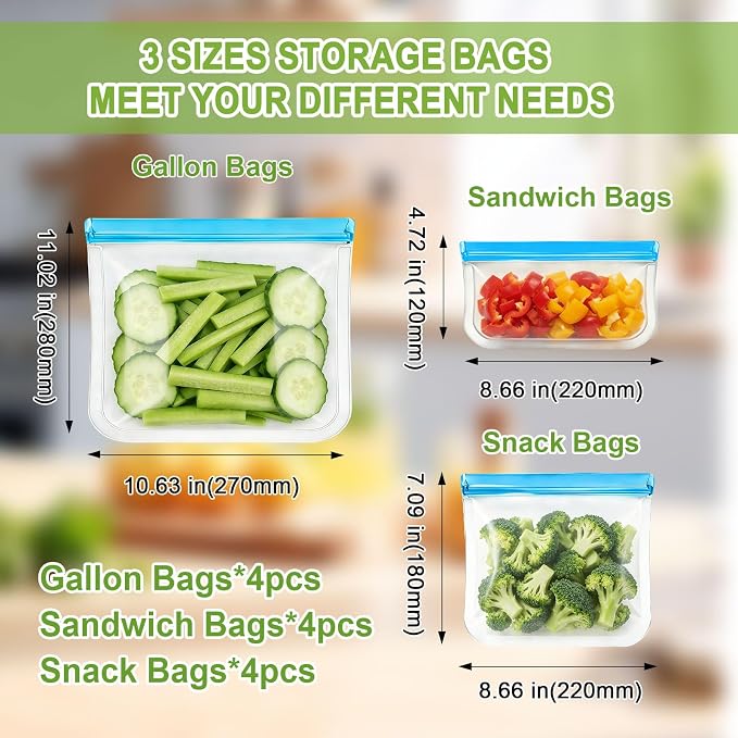 12 Pack Silicone Bags for Food Storage,Reusable Silicone Food Storage Bags,Freezer & Dishwasher Safe,Reusable Ziploc Bags Freezer Bags, Leakproof-4 Gallon 4 Snack 4 Sandwich Bags,Blue