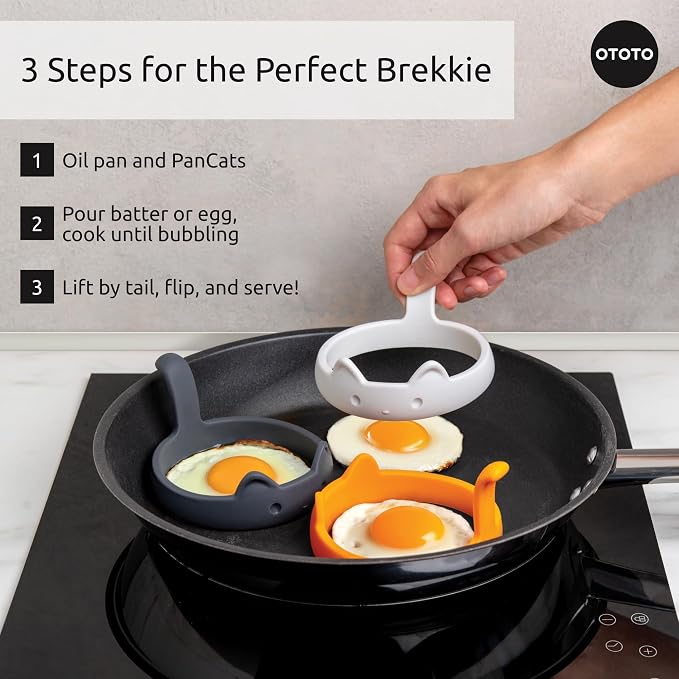 OTOTO PanCats Egg Ring Set of 3 - Silicone Egg Rings for Frying Eggs, Non Stick Fried Egg Cooker Ring, Cat Gifts for Cat Lovers, Cute Funny Kitchen Accessories Gadgets, Separator (Multicolor)