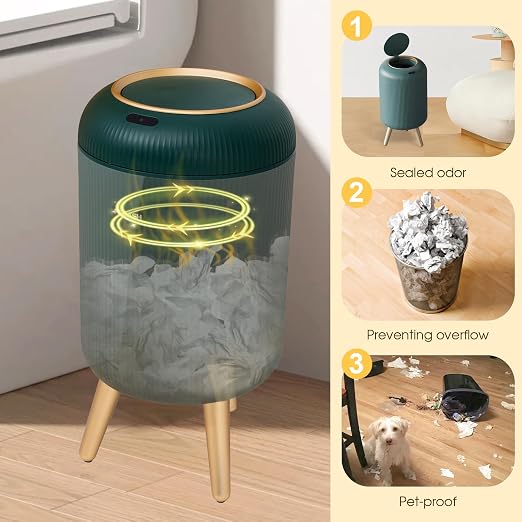 Bathroom Trash Can Automatic Touchless,Gold Green Small Garbage Can | 3 Gallon Smart Sensor Trash Bin,Plastic Waste basket with Lid and Legs Touchless Trash Bin for Kitchen,Bedroom,Toilet,Office