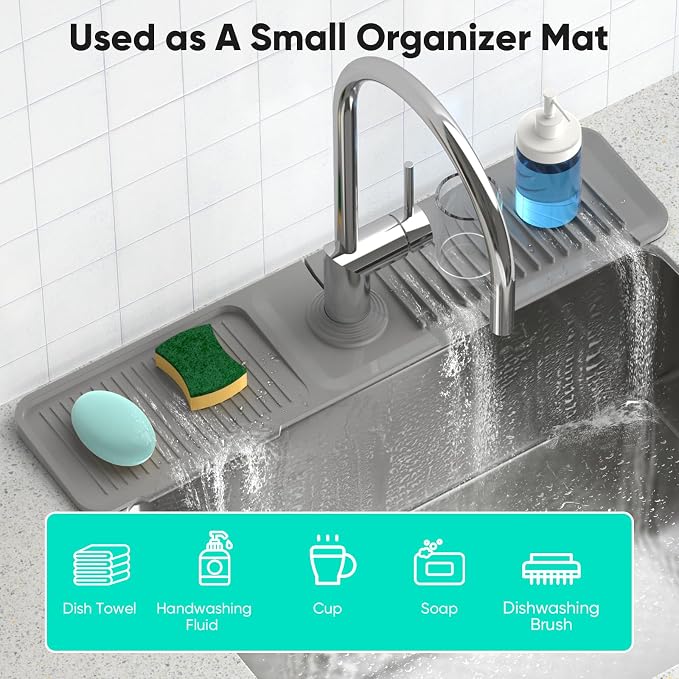 24 Inch Longer Faucet Mat for Kitchen Sink [5° Slope Fast Self-draining]Bathroom Kitchen Sink Splash Guard Silicone Sinks Faucet Mat Splash Guard for Kitchens Sinks Area Tidy Splashs Draining Mats