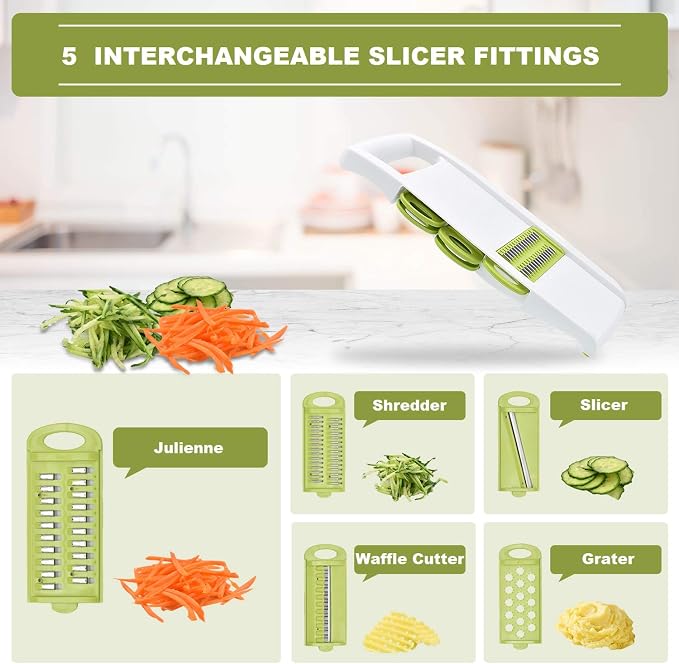 NACOLUS 5 in 1 Mandoline Slicer Vegetable Slicer Mandolin Multi Blade Potato Veggie Slicer Vegetable Cutter Julienne Shredder Potato Slicer Green