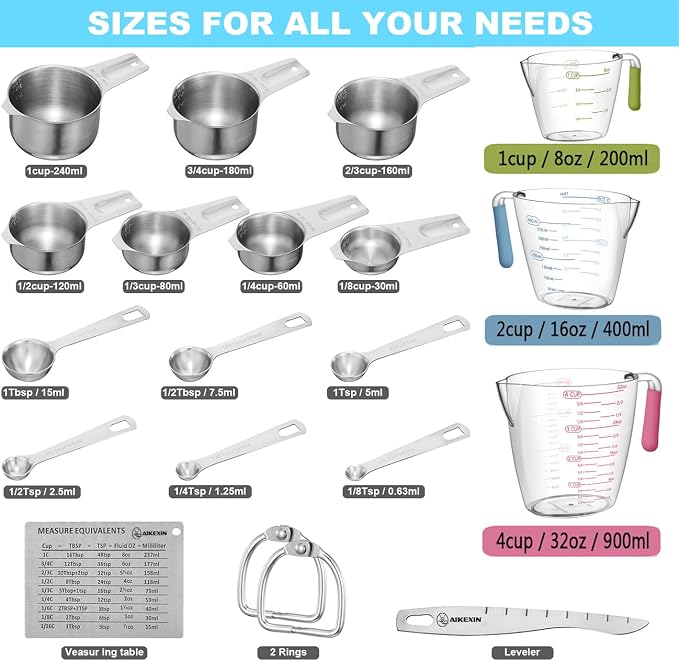 AIKEXIN 20 PCS Measuring Cups & Spoons Set, for Cooking & Baking Gadgets | 18/10 Stainless Steel, Metal Material | Nesting, Stackable Design | Dry & Liquid | Plastic | Leveler, Conversion Chart
