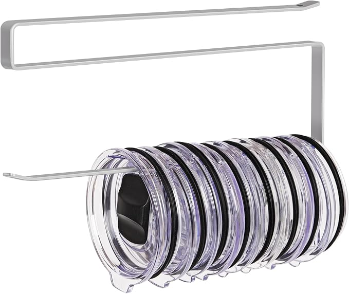 Tumbler Lid Organizer, Versatile Tumbler Lid Storage Holds 10 Lids, Grey | Space Saving Cup Lid Organizers Inside Cabinet Tumbler Lid Hook for Kitchen Organizer and Storage, Paper Towel Rack Hanger