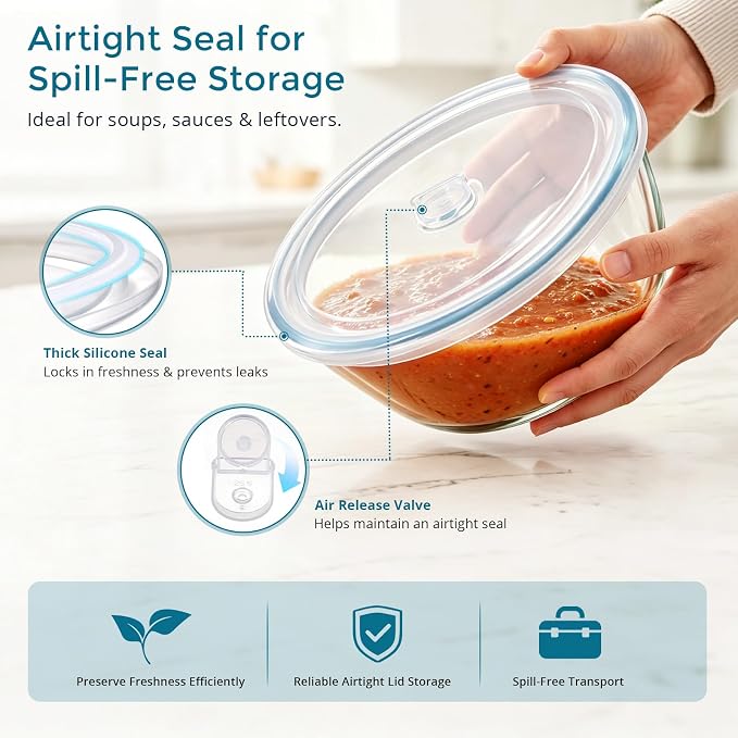 E-far Glass Mixing Bowls with Airtight Lids Set, 4.8,2.9,0.8 Qt Thick Glass Salad Bowls for Cooking Prep Serving, Large Clear Nesting Bowls for Storage Sourdough Proofing, Dishwasher Safe, 3 Pack