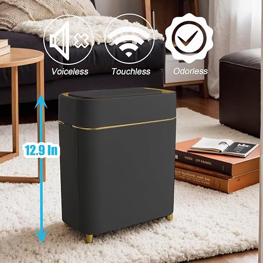 Automatic Bathroom Trash Can with Touchless Lid - Motion Sensor Trash Can | Bathroom, Bedroom, Kitchen, Laundry room, Small Spaces - Slim Smart Trash Bin - Black with Gold Edge, 1Pack