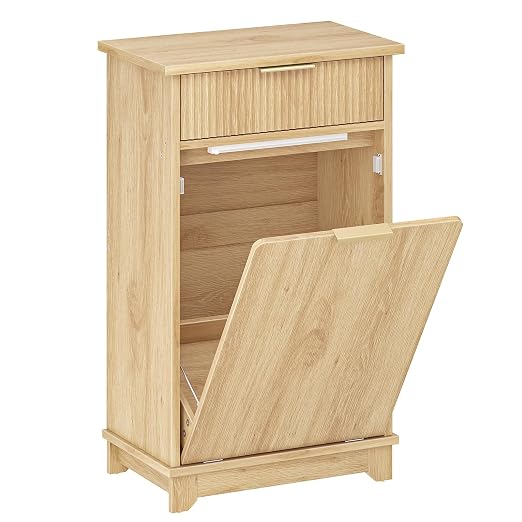 HOOBRO 10 Gallon Tilt-Out Trash Can Cabinet, Hidden Garbage Bin Storage with Drawer and Flip-Down Door with Sensor Light Strip, Dog Proof Trash Can for Kitchen Living Room, Natural NL06DLJ01