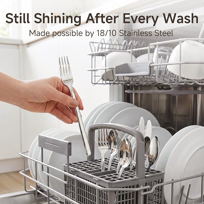 65 Piece Silverware Set with Serving utensils, Flatware Set for 12, 18/10 Stainless Steel Cutlery Set Mirror Polished Modern Design Dishwasher Safe