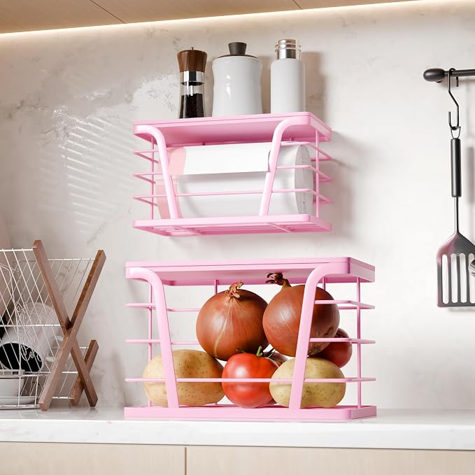 TIDIIABODE 2 Pack Pink Trash Bag Holder - Stackable Garbage Bag Dispenser with Bamboo Top, Kitchen Accessories & Decor, Wall Mount Storage for Kitchen, Home, Bathroom Decor & Gifts