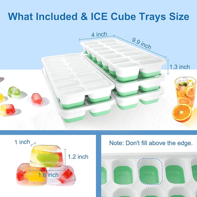 Ice Cube Trays with Lids for Freezer, 5 Pack Silicone Set, 70 Cubes | Easy-release silicone, stackable removable lids, BPA-free & dishwasher safe; for coffee, whiskey,cocktails, juice & baby food