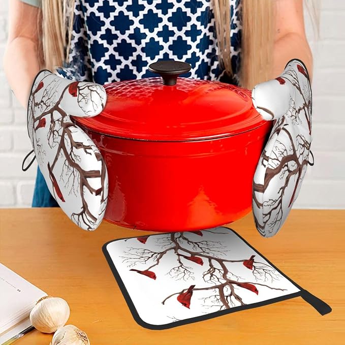 Winter Cardinal Birds Oven Mitts and Pot Holders Sets of 3 Hot Pads | Heat Resistant Washable Oven Gloves for Cooking Grilling Baking Christmas Holiday Kitchen Decor Cardinal Gifts for Women