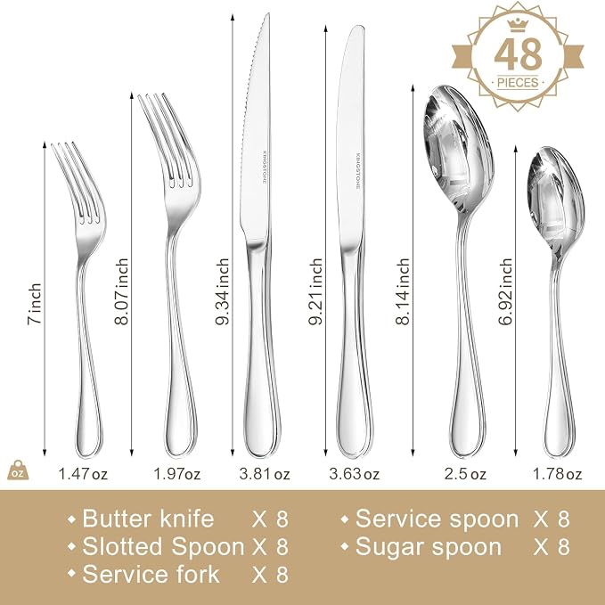 48 Piece Silverware Set for 8 with Steak Knives, 18/10 Stainless Steel | KINGSTONE Teardrop Heavy Cutlery Set, Mirror Polished Knives Forks and Spoons Utensils, Dishwasher Safe for Kitchen Wedding