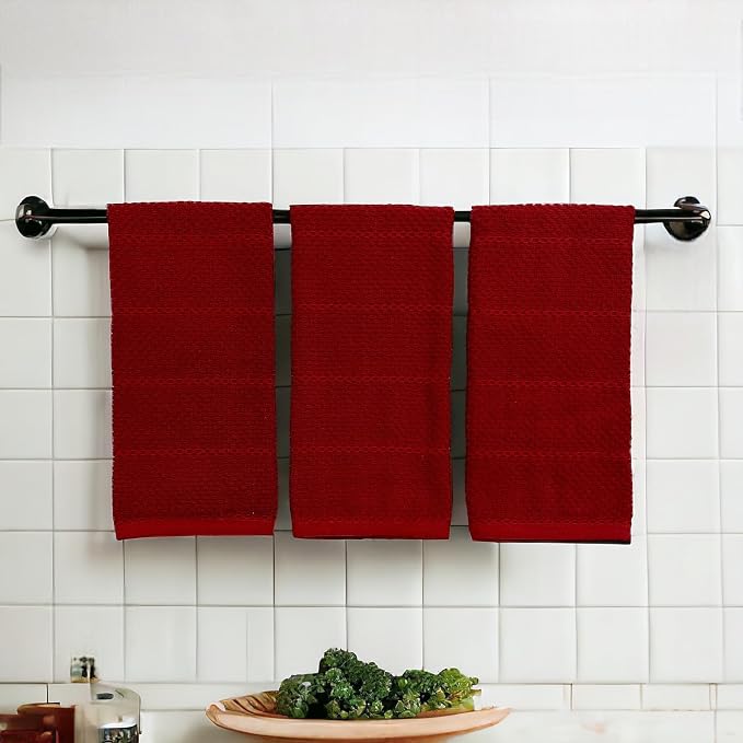Dark Red Brick Kitchen Hand Dish Towels, Set of 3, 100% Cotton, 18" x 28" | Terry Loop Textured, Soft & Absorbent Cleaning Cloth, Quick Dry, Multipurpose for Everyday Use