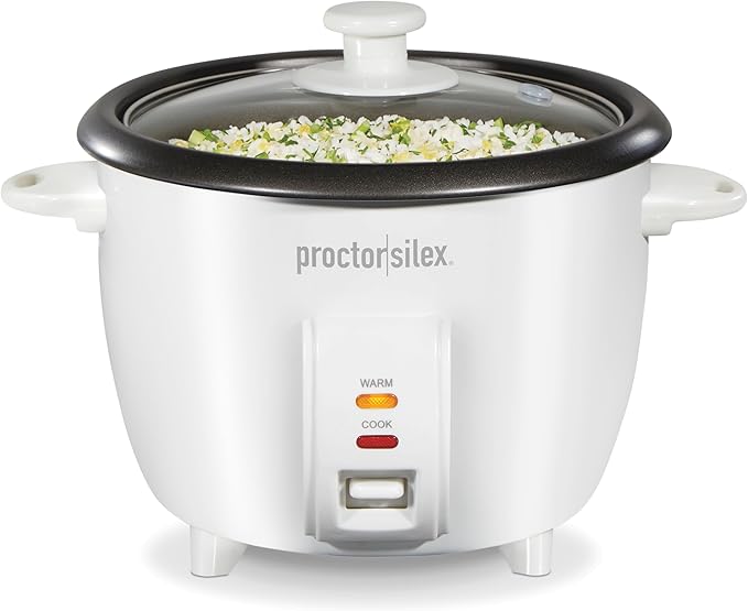Proctor Silex Rice Cooker & Food Steamer, 10 Cups Cooked (5 Cups Uncooked) | Includes Steam and Rinsing Basket , Measuring Cup & Spatula | Easy 1 Touch Controls | White | 37533MN