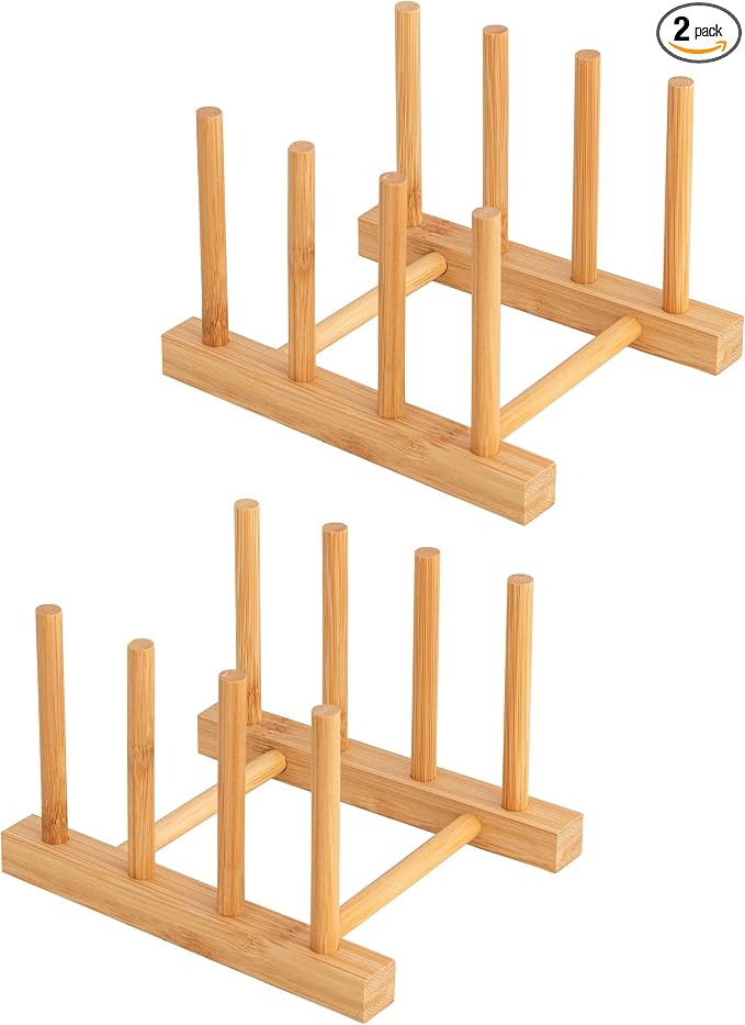 HBlife 2pcs Bamboo Dish Plate Bowl Cup Book Pot Lid Cutting Board Drying Rack Stand Drainer Storage Holder Organizer Kitchen Cabinet（Keep Dry）