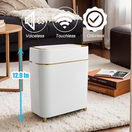 Yatmung Motion Sensor Trash Can Bathroom Automatic Lid - Sensor Garbage Can | Bathroom, Bedroom, Kitchen, Laundry room, Small Spaces - Compact Smart Trash Bin - White with Gold Edge, 1Pack