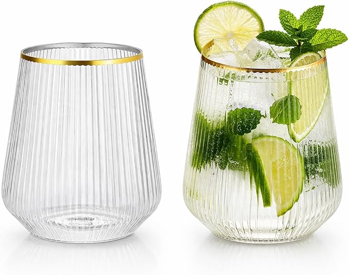 40 Pack 12oz Ribbed Gold Rim Disposable Wine Glasses, Plastic Cocktail Cup | Oojami Stemless Champagne Whiskey Cups, Shatterproof BPA-Free Reusable Recyclable, for Wedding Birthday Party Bar Events