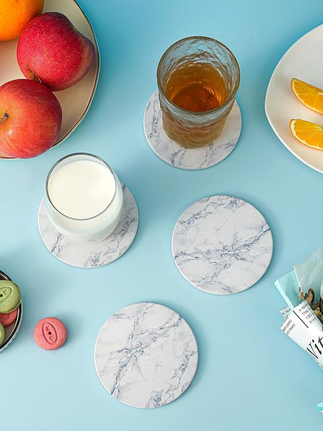 LIFVER Coasters for Drinks, White Marble-Style Absorbent Coasters with Holder, Housewarming Gifts for Home Decor, Suitable for Kinds of Cups, 4 Inches, Set of 6