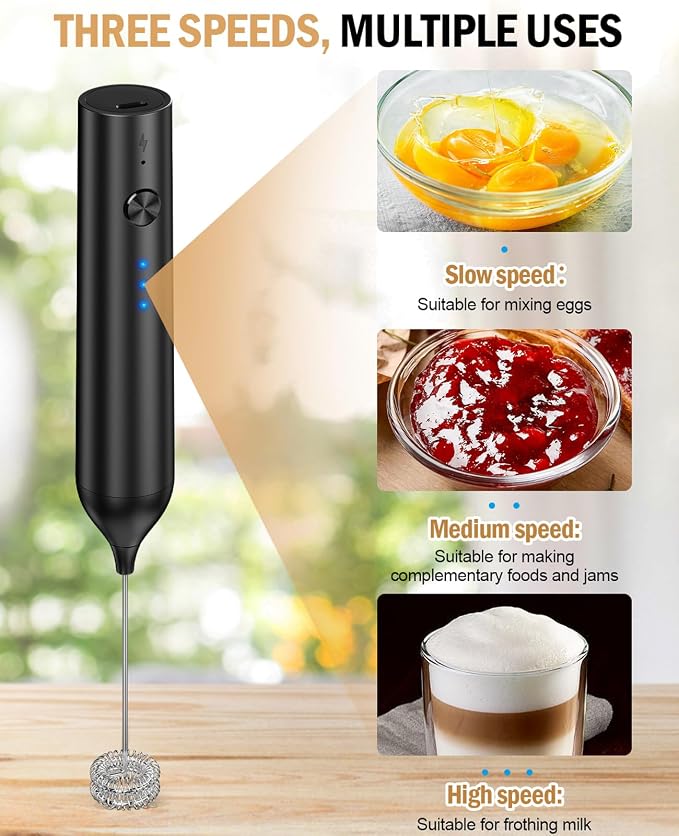 Rechargeable Milk Frother Handheld, hand mixer, Coffee Frother Handheld | Electric Frother Whisk with 3 Speeds, Portable Hand Drink Mixer with 2 Heads for Coffee, Lattes, Cappuccino, Eggs (Black)