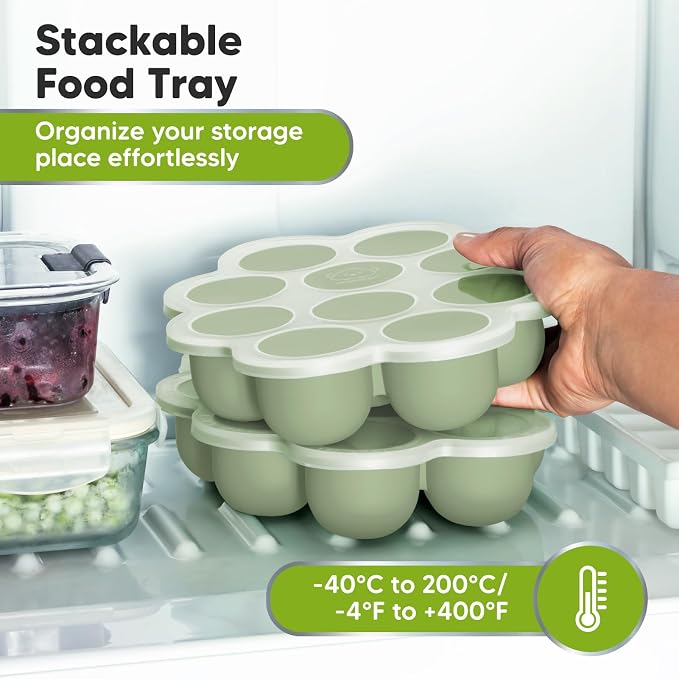 KeaBabies Silicone Food Freezer Trays with Lid, 2oz x 10 Pods (Sage) | Baby Food Storage Containers, Easy Puree Meal Prep, Breast Milk Silicone Freezer Molds, Dishwasher, Microwave Safe, BPA-Free