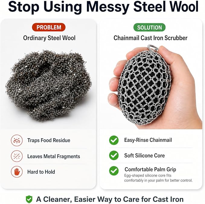 Cast Iron Scrubber Chainmail, 316 Stainless Steel Pot Cleaner with Pan Scraper, Heavy Duty Rust Remover for Cast Iron Skillet, Grill, Dutch Oven – Dishwasher Safe, Heat Resistant Kitchen Cleaning Tool