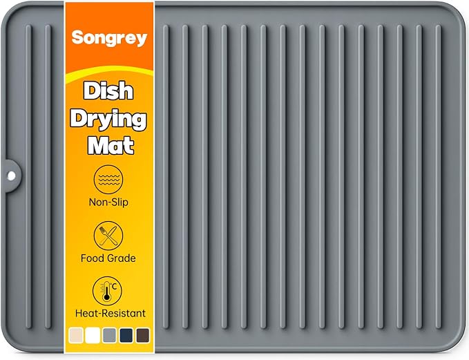 Songrey Silicone Dish Drying Mat for Kitchen Counter, 16" x 12", Dark Gray | Drying Pad for Sink Dishes or Under Rack, Multi-Use as Heat Resistant Trivet, Coffee Bar Mat